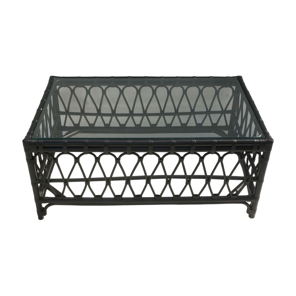 RUSSO TEMPERED GLASS TOP RATTAN COFFEE TABLE IN SOLID BLACK
