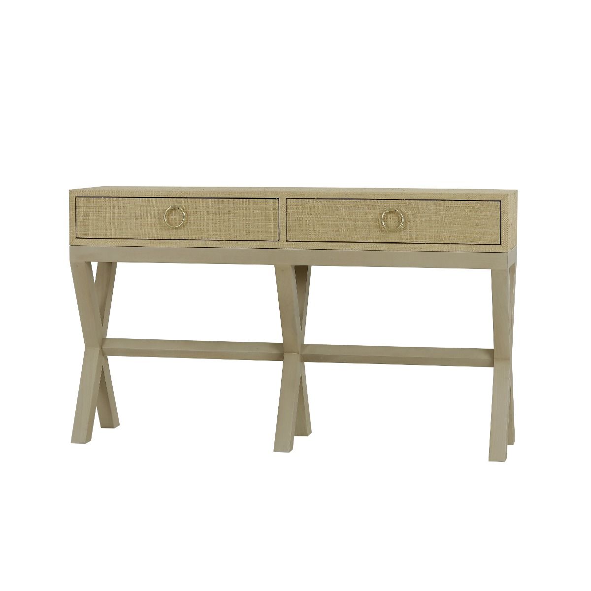 MONFORT MAHOGANY FRAME RAFFIA WRAPPED HALL TABLE/CONSOLE TABLE 2 DRAWERS SANDBAR