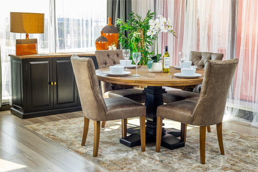 SORANZO MANGO WOOD ROUND DINING TABLE HANDCRAFTED PARQUET TOP OAK/BLACK 135CM & 4 OPEL DINING CHAIRS