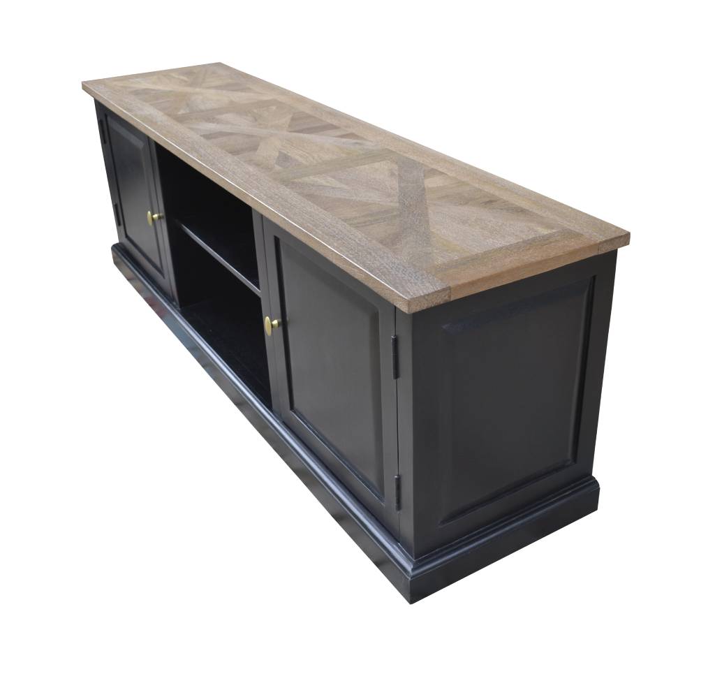 SORANZO MANGO WOOD 2-DOOR 1 SHELF ETU TELEVISION UNIT HANDCRAFTED PARQUET TOP OAK/BLACK