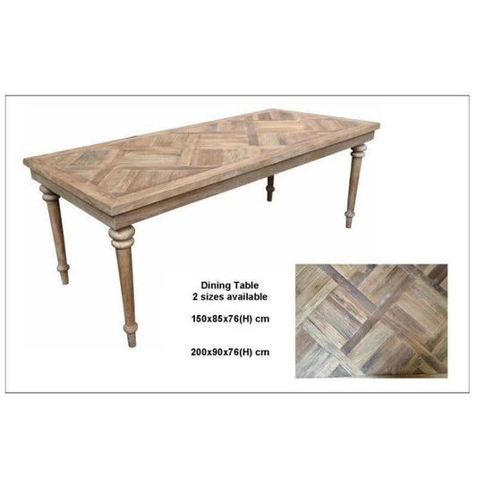 MARCIA SOLID RECYCLED ELM DINING TABLE PARQUETRY TOP 150CM - MyChocolateWood
