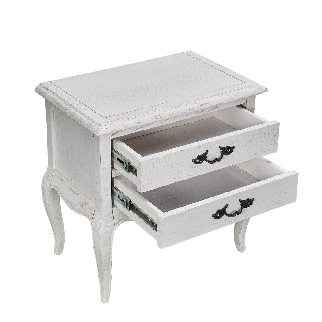 CLARENCE VINTAGE HAND CARVED OAK & VENEER 2 DRAWER BEDSIDE LIGHTLY DISTRESSED WHITE