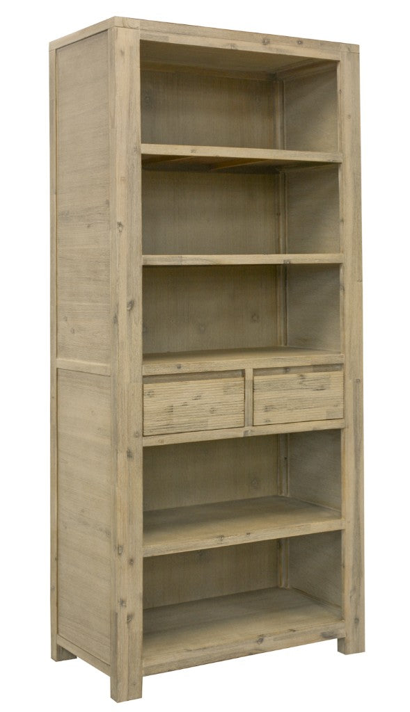 RIPLEY SOLID ACACIA TIMBER 2-DRAWER 5-SHELF BOOKCASE BOOKSHELF BRUSHED SMOKE