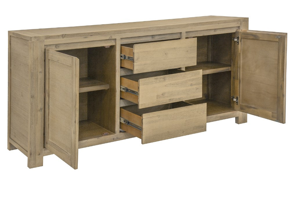 RIPLEY SOLID ACACIA TIMBER 2-DOOR 3-DRAWER BUFFET SIDEBOARD BRUSHED SMOKE