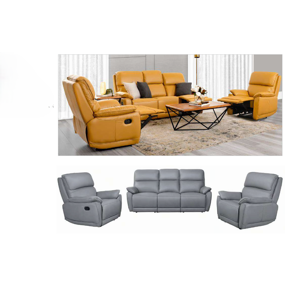 TORELLI GENUINE LEATHER 3-SEATER RECLINER +2 SINGLE RECLINER ARMCHAIRS LOUNGE SUITE STONE