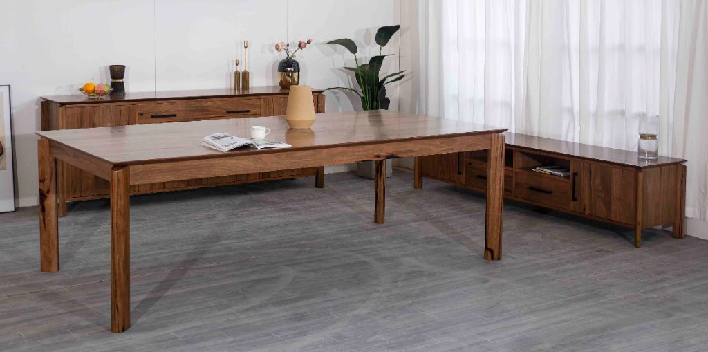 LARISSA SOLID & VENEER MARRI WOOD 9 PIECE DINING SET NATURAL/LIGHT MOCHA DINING TABLE & 8 CHAIRS