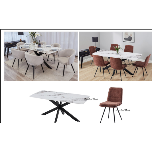 DAKOTAH 7PCE PIECE DINING SET: 1 MARBLE LOOK DINING TABLE 179CM & 6 DAKOTAH RUST DINING CHAIRS