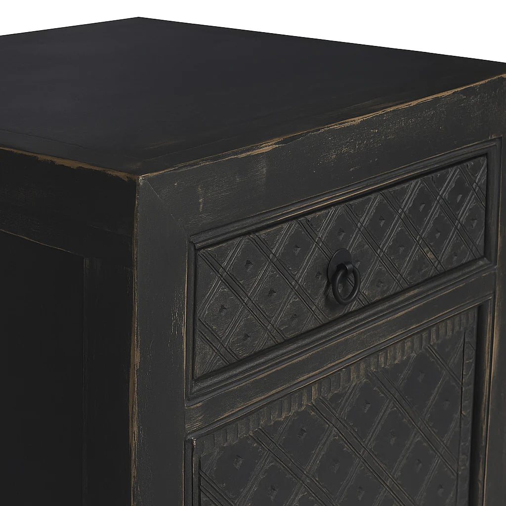 MAYLEEN PAIR OF RECLAIMED TIMBER BEDSIDE TABLES 1 DRAWER 1 DOOR BLACK