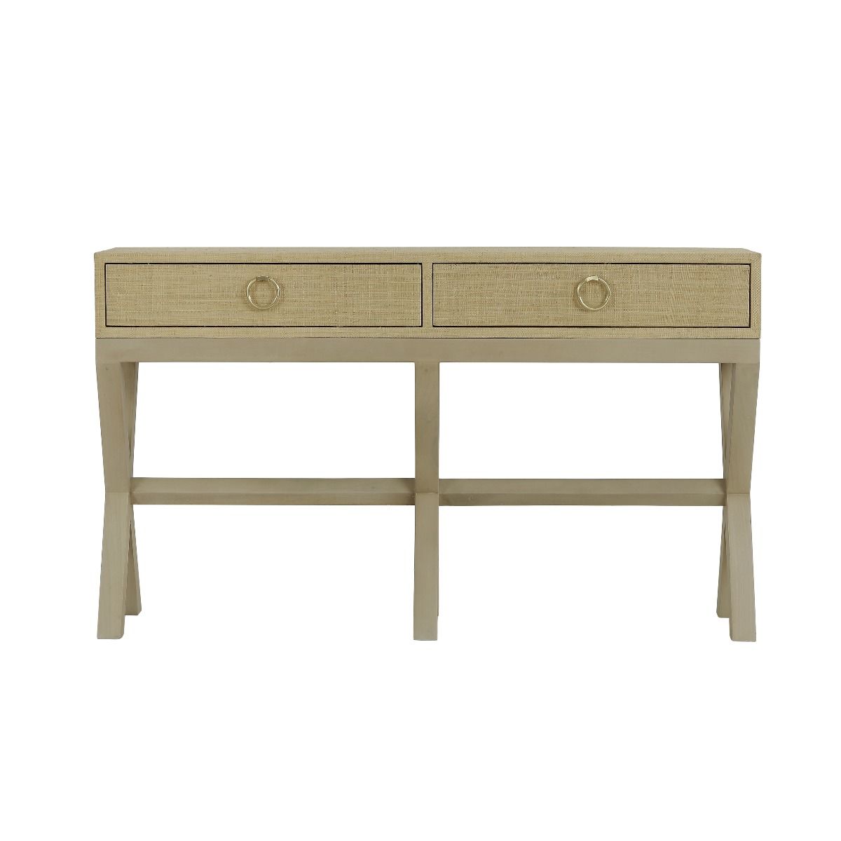 MONFORT MAHOGANY FRAME RAFFIA WRAPPED HALL TABLE/CONSOLE TABLE 2 DRAWERS SANDBAR