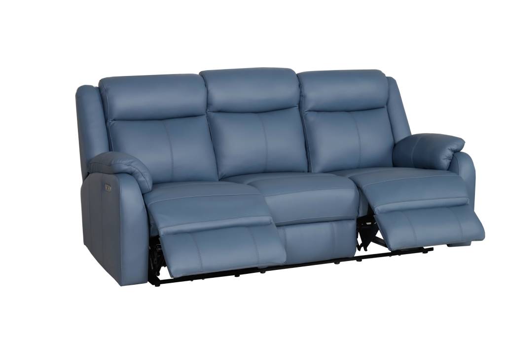 BARRON GENUINE MURANO LEATHER 3-SEATER RECLINER SOFA W/USB PORT MARINE BLUE