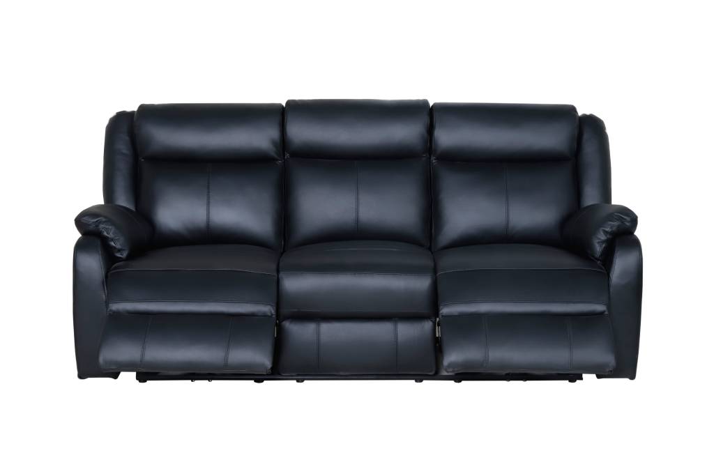 BARRON GENUINE MURANO LEATHER 3-SEATER RECLINER SOFA W/USB PORT BLACK