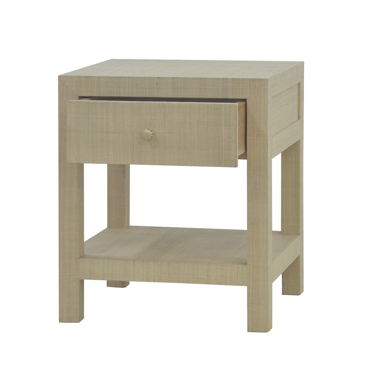 SWANN MAHOGANY FRAME RAFFIA 1 DRAWER BEDSIDE TABLE NIGHTSTAND