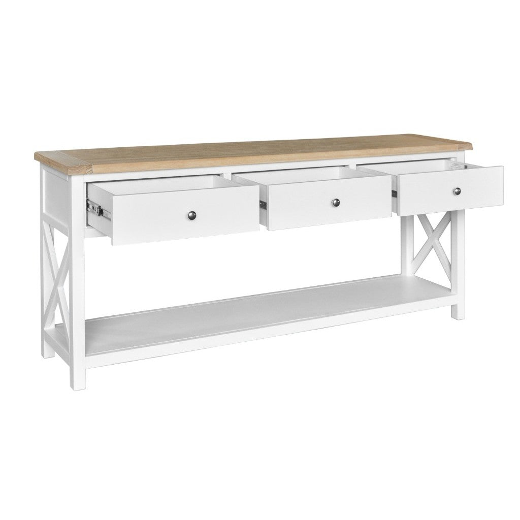 CHRISTA HAMPTON SOLID ACACIA 3-DRAWER CONSOLE TABLE HALL TABLE LIGHT OAK/WHITE