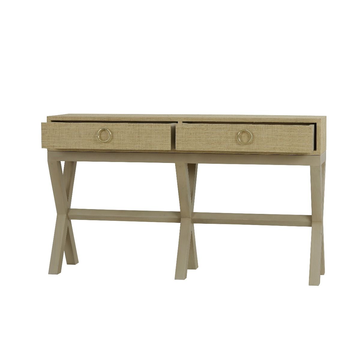 MONFORT MAHOGANY FRAME RAFFIA WRAPPED HALL TABLE/CONSOLE TABLE 2 DRAWERS SANDBAR