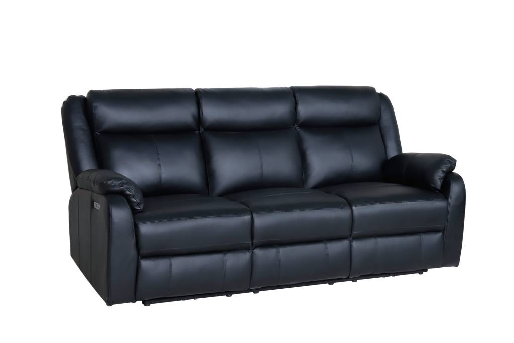 BARRON GENUINE MURANO LEATHER 3-SEATER RECLINER SOFA W/USB PORT BLACK