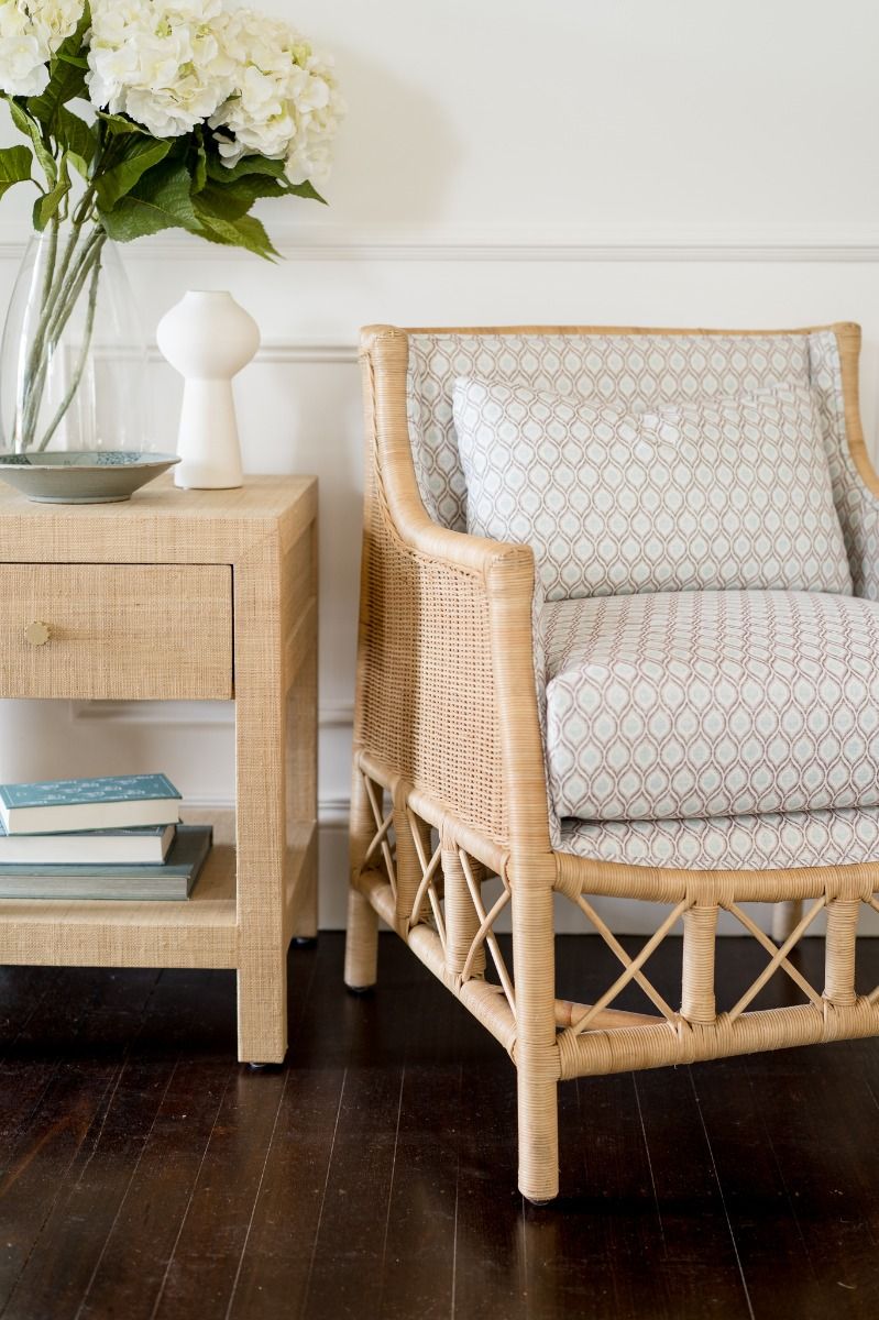 DELON ARMCHAIR CHAIR RATTAN FRAME & WEAVE NATURAL GREY PATTERNED UPHOLSTERY