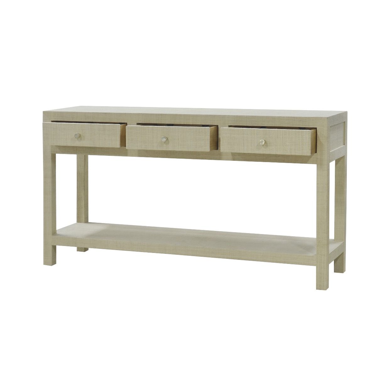 SWANN MAHOGANY FRAME RAFFIA WRAPPED HALL TABLE/CONSOLE TABLE 3 DRAWERS