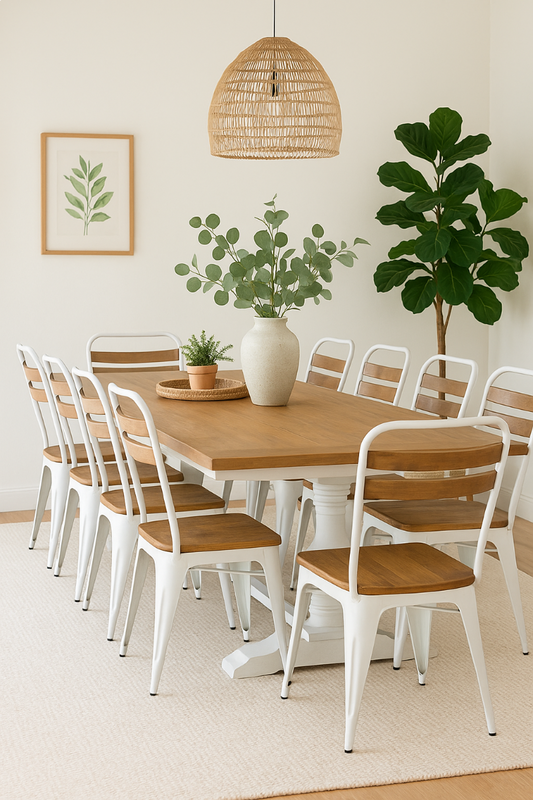 JOSHI RUSTIC ARMLESS SIDE CHAIR WHITE STEEL FRAME WITH MANGO WOOD SEAT & SUPPORTS