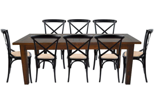 BROSLEY SOLID MANGO 9 PIECE DINING SET 1 X 210CM DINING TABLE + 8 MELROSE BLACK CROSS-BACK DINING CHAIRS