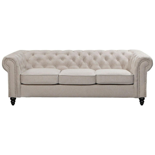 WOODLEY 3-SEATER CHESTERFIELD SOFA COUCH SETTEE IN BEIGE FABRIC - MyChocolateWood