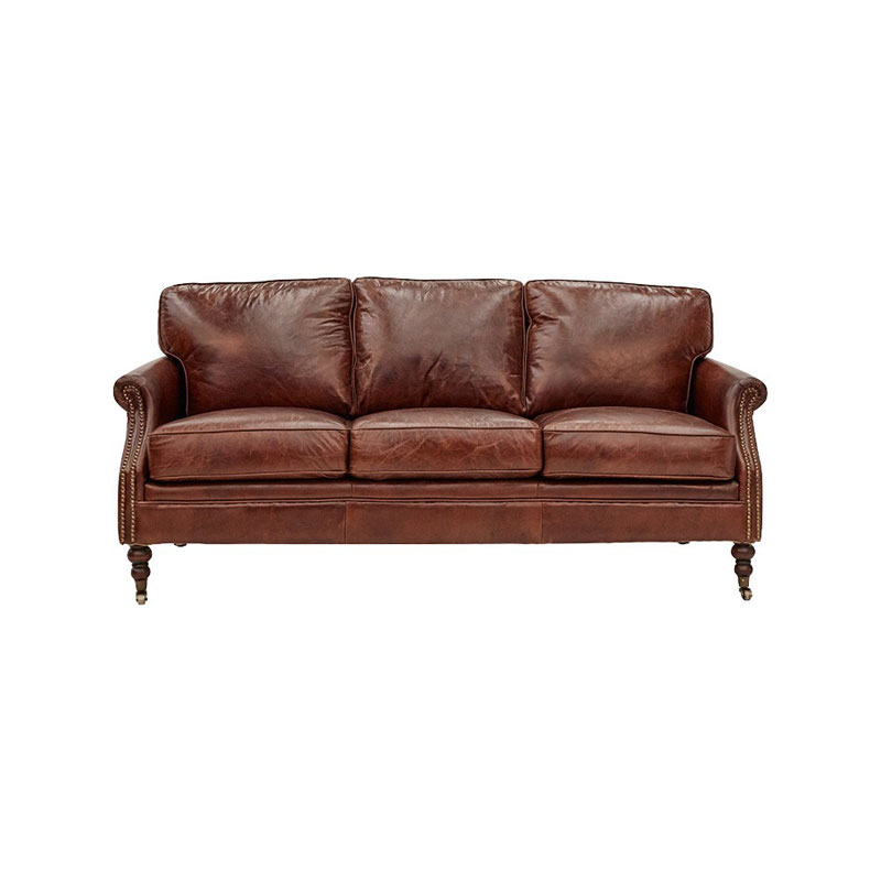 BUCKINGHAM AGED LEATHER 3 SEATER SOFA WITH BRASS STUD DETAILING - MyChocolateWood