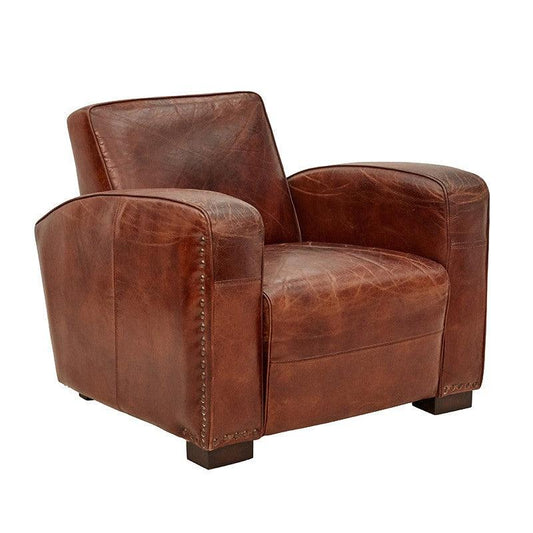 CAMBRIDGE CLUB AGED LEATHER ARMCHAIR IN VINTAGE BROWN- BOLD BRASS STUD DETAILING - MyChocolateWood