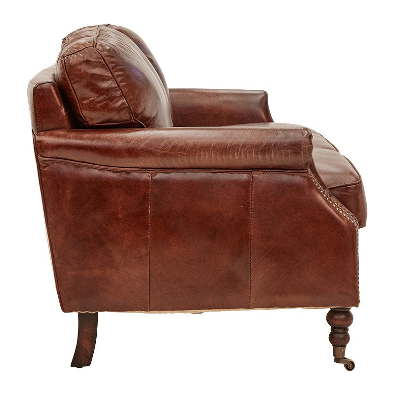BUCKINGHAM AGED LEATHER 3 SEATER SOFA WITH BRASS STUD DETAILING - MyChocolateWood