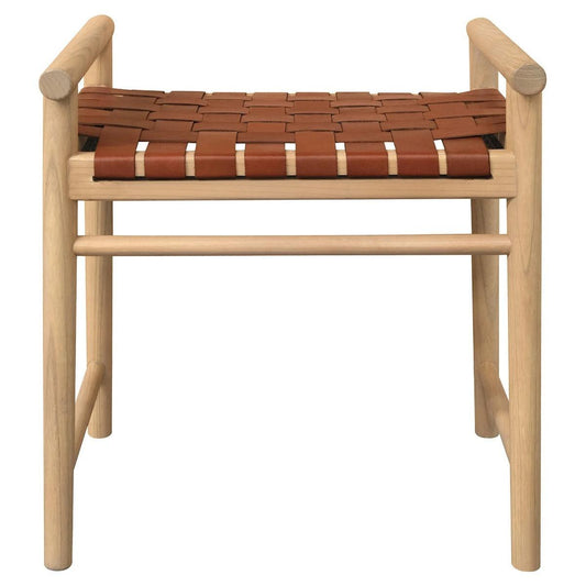 ELLIOT SOLID OAK SINGLE SEATER BENCH WITH GENUINE WOVEN LEATHER TAN/NATURAL - MyChocolateWood