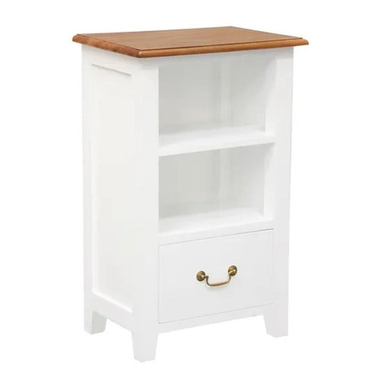 BENEDICT SOLID MAHOGANY TIMBER BEDSIDE TABLE WITH 1 DRAWER & 1 SHELF - WHITE BODY/CARAMEL TOP - MyChocolateWood