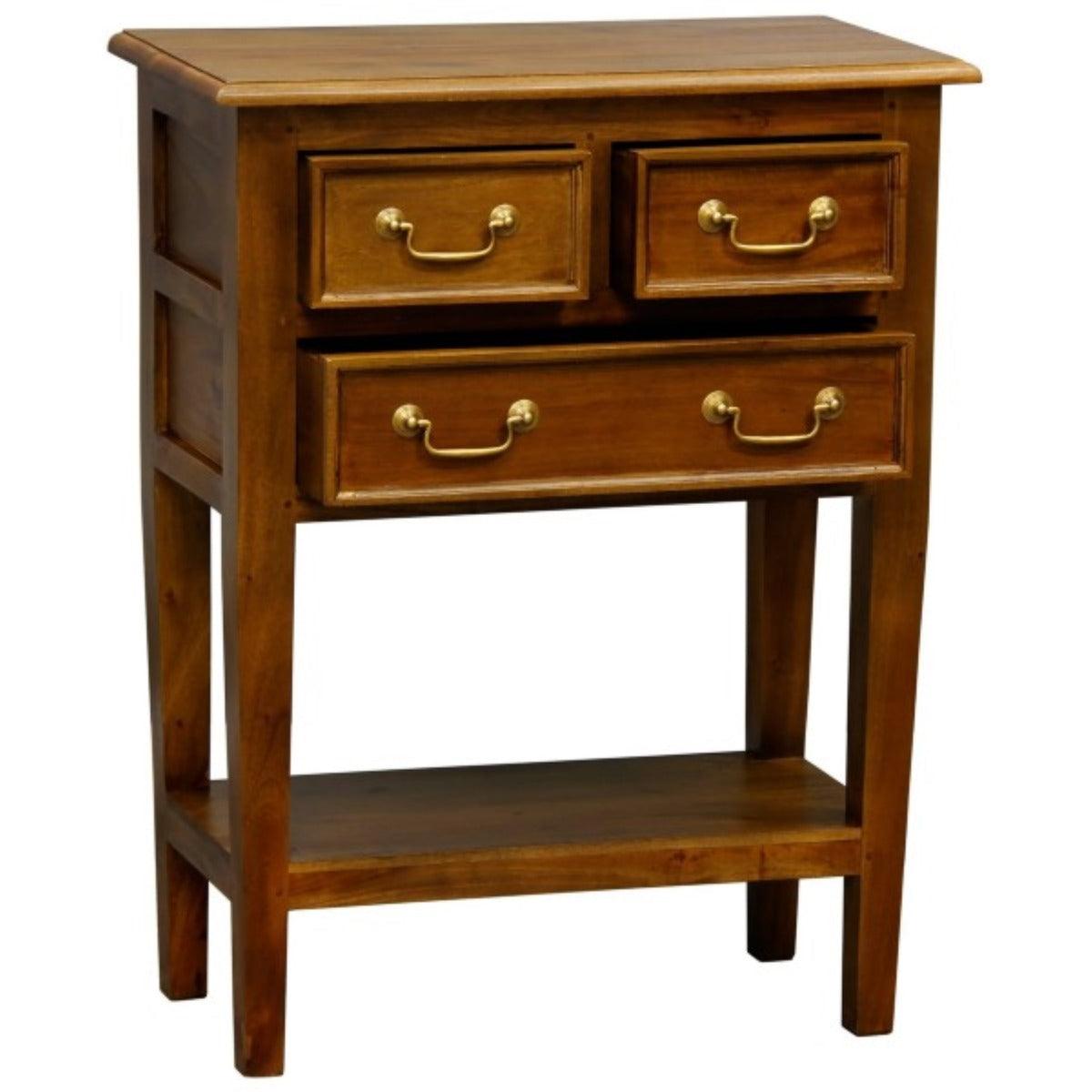 BIRKDALE 3 DRAWER SIDE TABLE/WITH SHELF IN SOLID MAHOGANY- LIGHT PECAN - MyChocolateWood