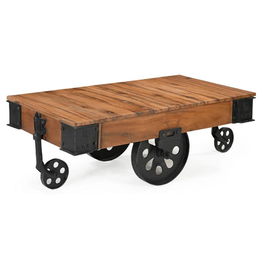 FARINGTON OLD RECYCLED RAILWAY SLEEPER TIMBER & METAL INDUSTRIAL CART COFFEE TABLE 120CM - MyChocolateWood
