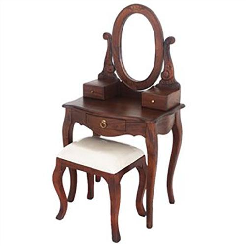 QUEEN ANN OVAL 1 DRAWER DRESSER WITH MIRROR IN SOLID MAHOGANY WITH STOOL - MyChocolateWood