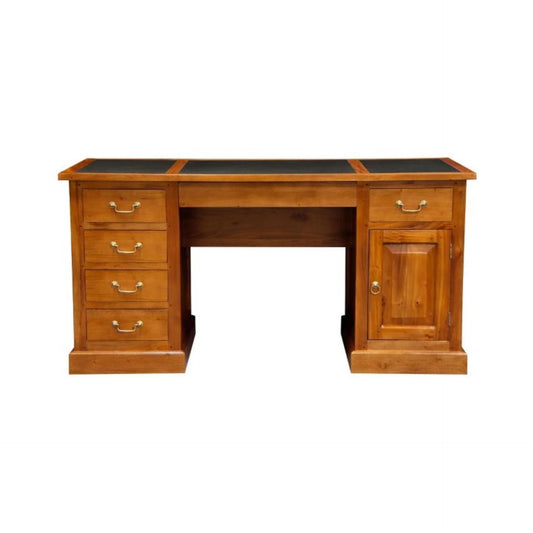DAKOTA SOLID MAHOGANY TIMBER 160CM WRITING DESK WITH LEATHERETTE TOP - LIGHT PECAN - MyChocolateWood
