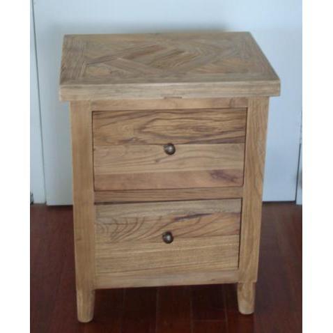 MORO RUSTIC RECYCLED ELM 2 DRAWER BEDSIDE TABLE PARQUETRY TOP 50CM