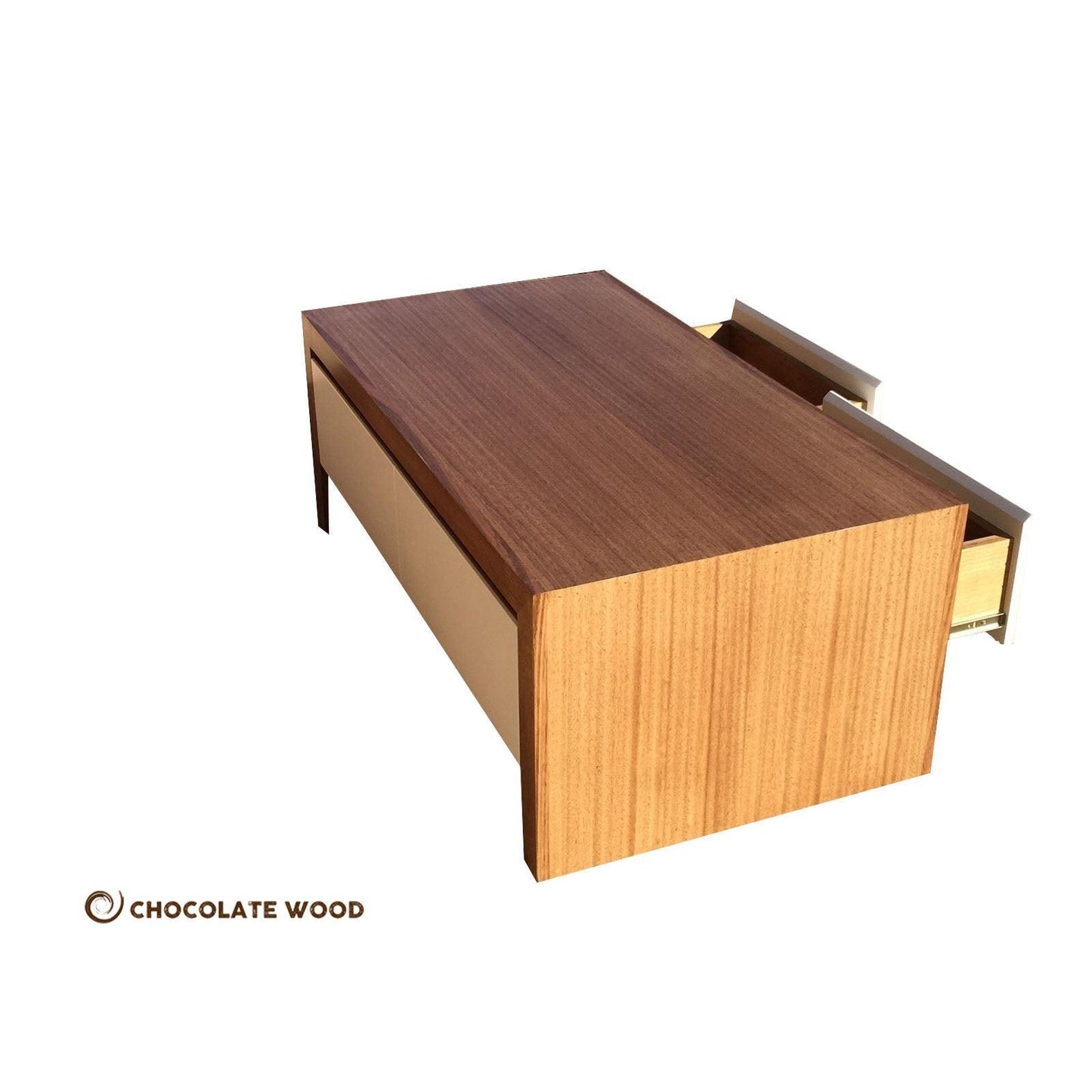 CARTER MADE TO ORDER 2 DRAWER TASSIE OAK COFFEE TABLE IN CLEAR LACQUER - MyChocolateWood