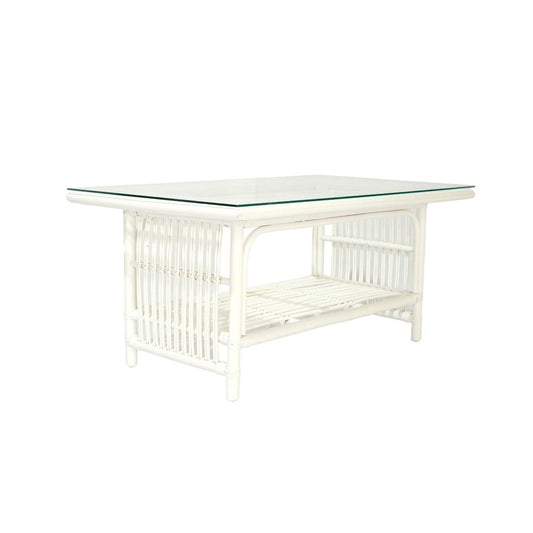 NAPOLI HAMPTONS STYLE RATTAN COFFEE TABLE WITH GLASS TOP IN SOLID WHITE - MyChocolateWood