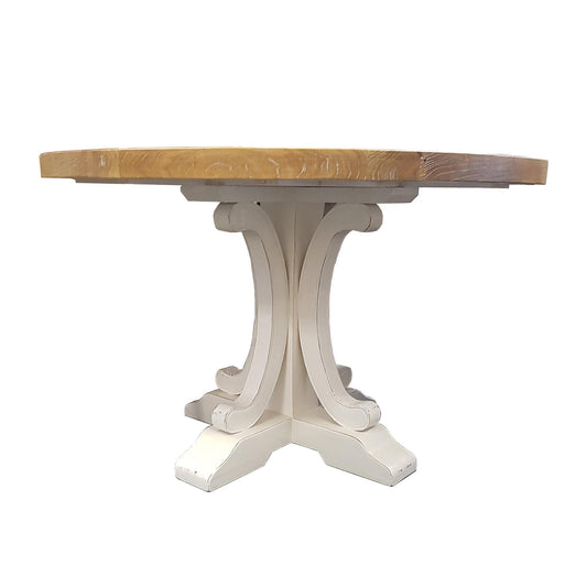 VALENTINA RECLAIMED ELM WOOD ROUND DINING TABLE 150CM- DISTRESSED WHITE BASE - MyChocolateWood