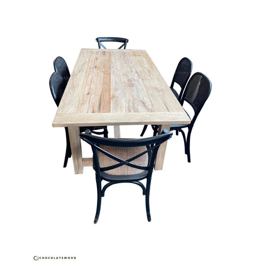 VALENCIA RECYCLED ELM DINING TABLE 184CM + 6 RECYCLED ELM BLACK BERMUDA DINING CHAIRS - MyChocolateWood
