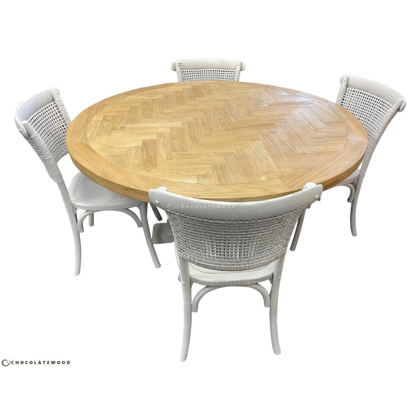 GIBRALTAR ROUND DINING TABLE IN 140CM + 4 MARSEILLE WHITE DINING CHAIRS - MyChocolateWood