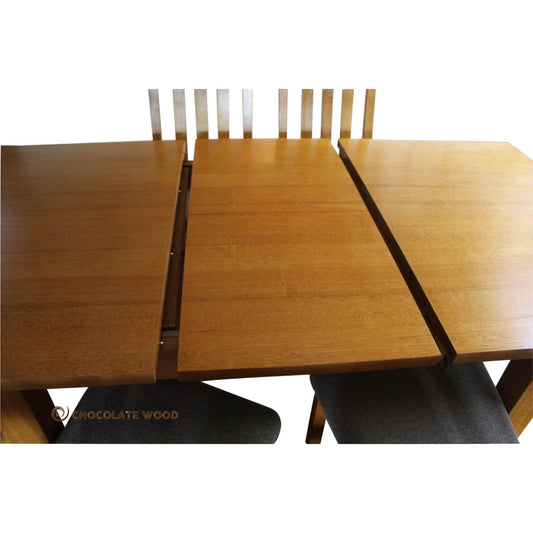 SADLER EXTENSION DINING TABLE IN TASSIE OAK + 6 DINING CHAIRS - MADE TO ORDER - MyChocolateWood