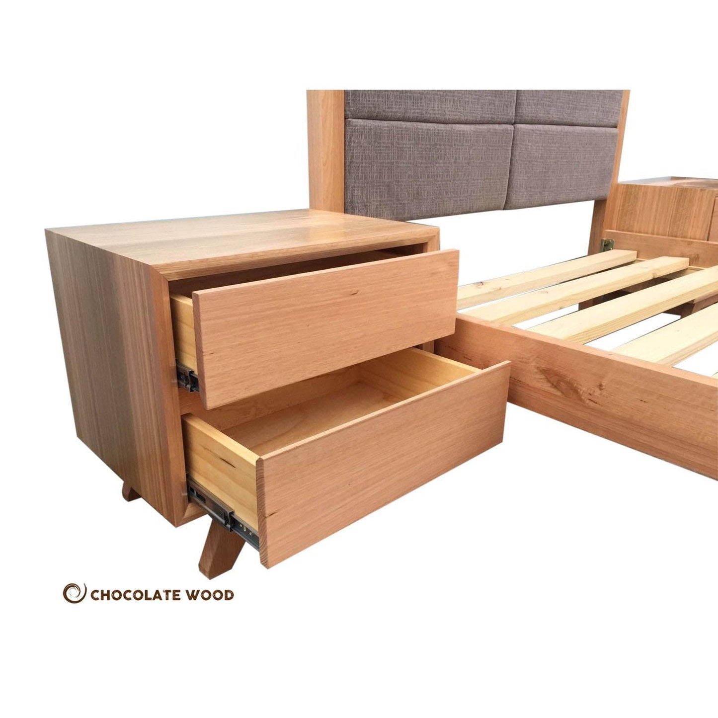 MIRANDA QUEEN BED + 2 BEDSIDE TABLES IN SOLID TASSIE OAK TIMBER CUSTOM MADE TO ORDER - MyChocolateWood