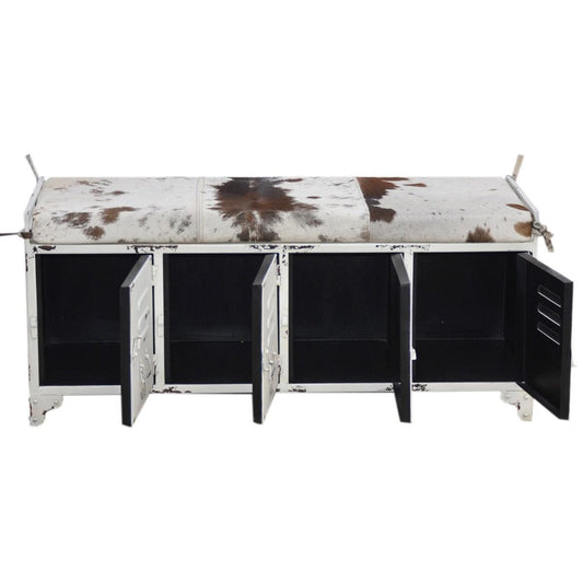 RANCHI COWHIDE IRON LOCKER BENCH WITH 4 DOORS - MyChocolateWood