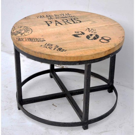 SADIE SOLID MANGO WOOD ROUND COFFEE TABLE WITH IRON LEGS INDUSTRIAL STYLE MARKS. - MyChocolateWood