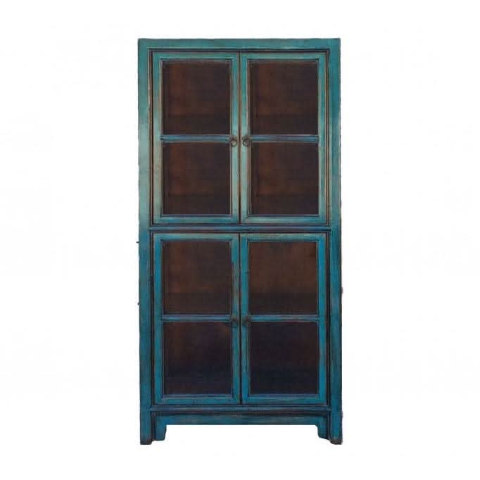 AIYAN H2 CHINESE ANTIQUE 4-DOOR DISPLAY CABINET OCEAN BLUE - MyChocolateWood