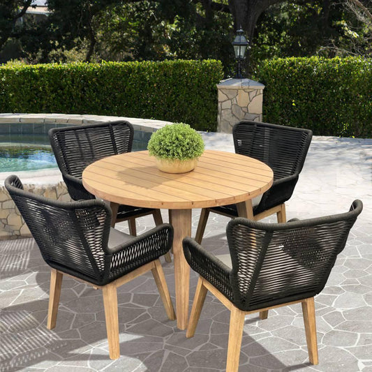 ALANYA 5 PIECE ROUND OUTDOOR DINING SETTING EUCALYPTUS TIMBER BLACK/GREY/NATURAL - MyChocolateWood