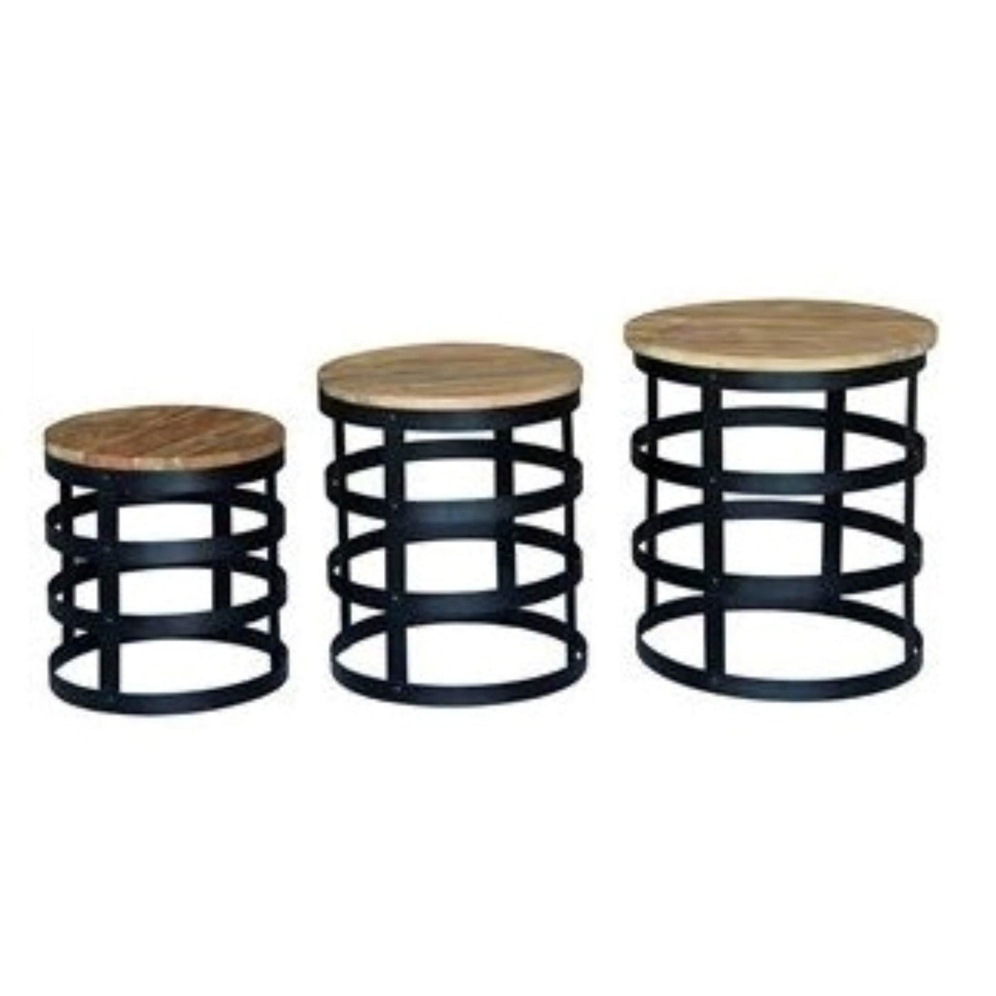 ALBASHA RECYLCED PINE & METAL SET OF 3 SIDE/NEST OF TABLES IN NATURAL/BLACK - MyChocolateWood