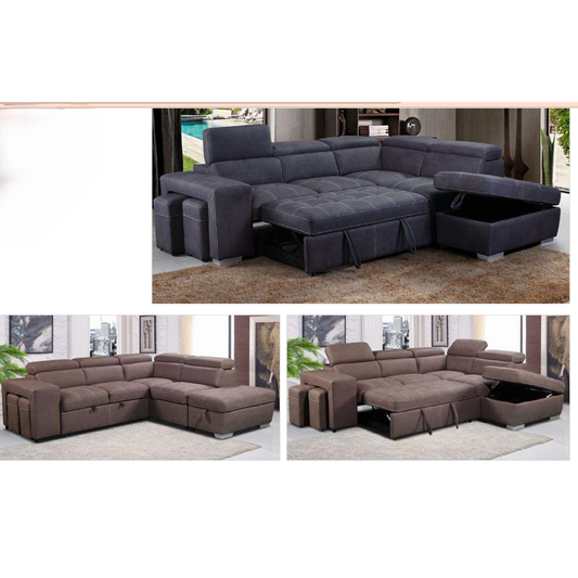 ALBRET FABRIC 2-SEATER SOFA BED + 2 OTTOMANS W/RHF MUSHROOM - MyChocolateWood