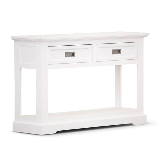 ANIKA SOLID ACACIA WOOD CONSOLE TABLE/HALL TABLE WITH 2 DRAWERS & A SHELF IN VIVID WHITE - MyChocolateWood