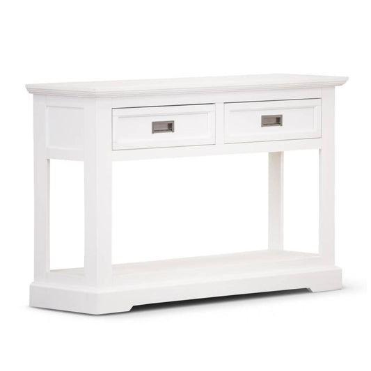 ANIKA SOLID ACACIA WOOD CONSOLE TABLE/HALL TABLE WITH 2 DRAWERS & A SHELF IN VIVID WHITE - MyChocolateWood