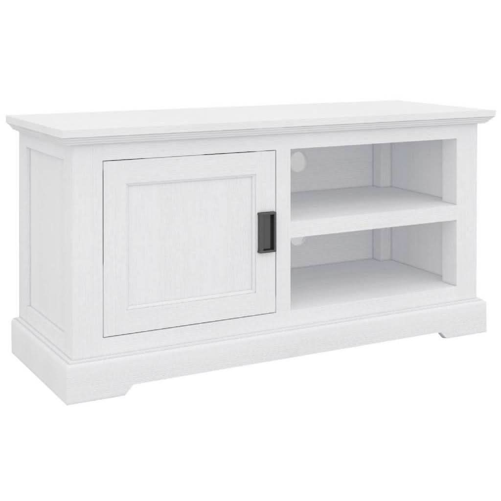 ANIKA SOLID ACACIA WOOD TV UNIT 1-DOOR 2 SHELVES IN VIVID WHITE - MyChocolateWood